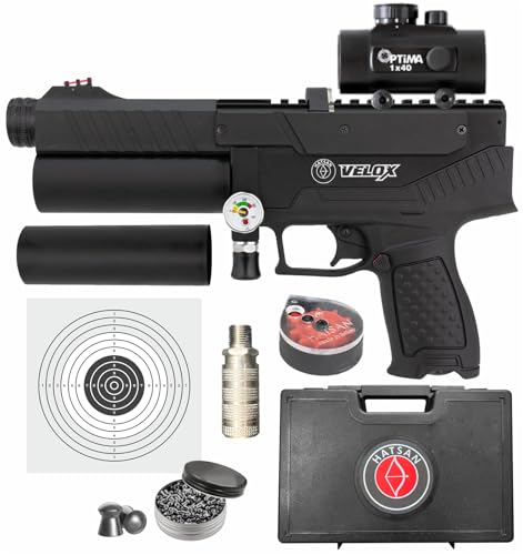 Hatsan Velox PCP Air Pistol .25 Cal Semi-Auto Pellet Gun, 580 FPS, 20 Joules, 10 RDS, Red Dot Sight w/ Wearable4U Pellets and Paper Targets Bundle (Black, MPN: HGVLX25)