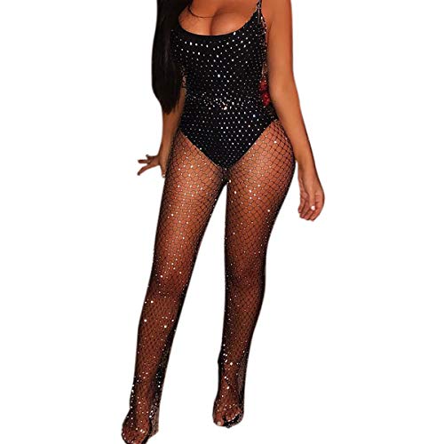 Women Sexy Crystal Rhinestone Mesh Pants Hollow Out Fishnet Leggings for Rave Party Festival Club Beach Cover Up