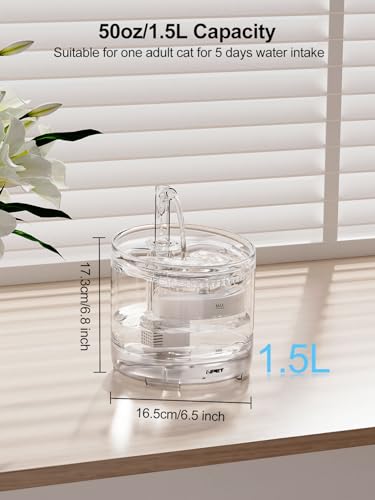 Image of NPET Cat Drinking Fountain WF050, Brushless Ultra Quiet Pump, 1.5L Pet Fountain with Faucet Outlet, 1 Sensor Switch, 1 Filter
