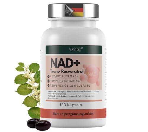 EXVital® NAD+, 1000mg NAD+ & 600mg Trans-Resveratrol pro Tag- 120 vegane Softgels - liposomal & maximale Bioverfügbarkeit, hochdosiert & laborgeprüft