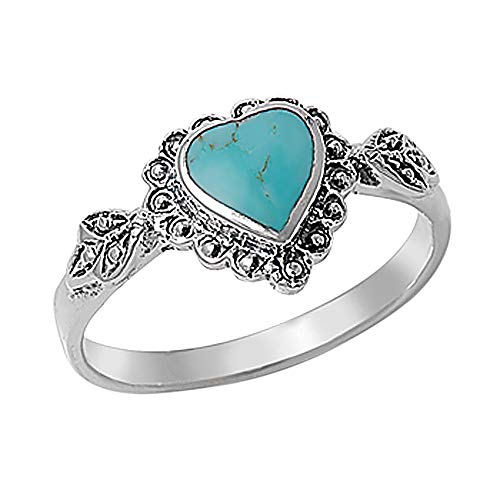 Sterling Silver Simulated Turquoise Vintage Style Heart Promise Ring 10mm (Size 4 to 10)