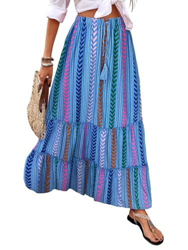 EARKOHA 2025 Women's Striped Pleated A-Line Maxi Skirt Casual Summer Boho Flowy Skirt Beach Vacation Outfits Blue XS