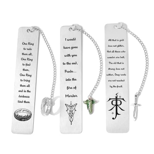3Pcs Fantasy Bookmark Set - Metal Bookmarks with Elvish Leaf Pendant, Sword Charm & Evenstar Engraving, Epic Quotes Carved Jewelry for Book Lovers, Dark Academia Gifts for Readers (3Pcs-Silver)