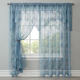 BrylaneHome Ella Floral Lace Panel with Attached Valance - 58' W 63' L, Cornflower Blue