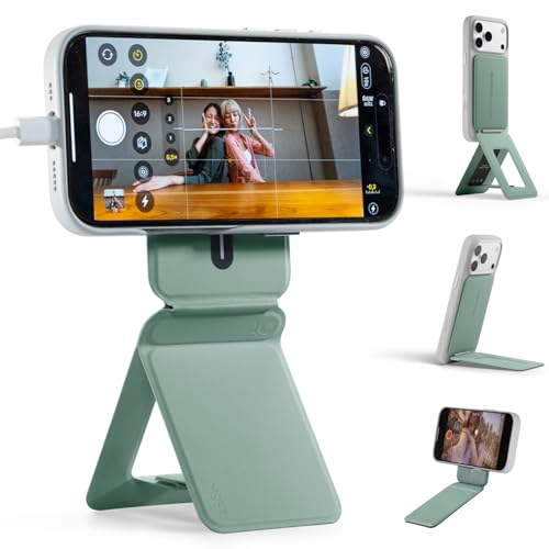 MOFT Phone Stand, Magnetic Phone Tripod Stand Stain-Resistant MOVAS Leather & Angle Adjustment & Strong Magnets Tripod for iPhone 17/16/15/14/13/12 (Included Metal Ring)-Seafoam Seafoam with
