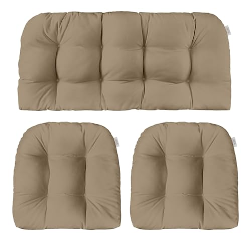 RSH DECOR Sunbrella 3 Piece Wicker Tufted Loveseat Set, Outdoor Pillows & Outdoor Chair Cushions, Patio Loveseat 41"x19" & 2-19"x19" U-Shaped, Performance Fabric, Canvas Taupe - Made in USA