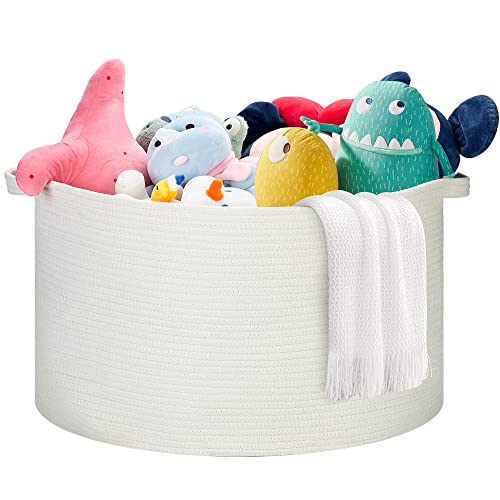 Ravinte Blanket Basket - 20"x 20"x 13" Cotton Rope Basket for Living Room, Baby Toy Storage Basket, Large Woven Laundry Basket (White)