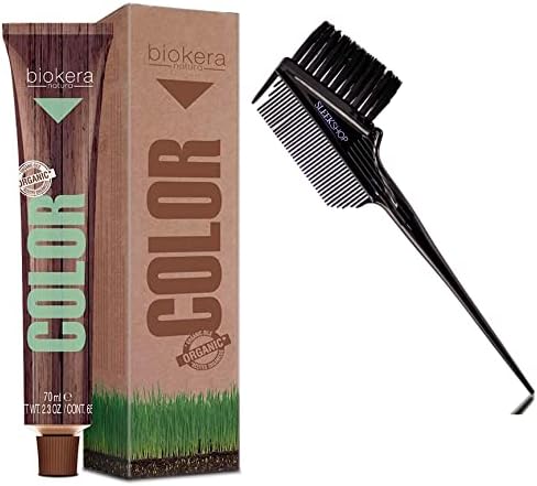 Sleekshop Comb + BIOKERA NATURA by Salerm Cosmetics Permanent Cream Hair Color Dye with ORGANIC OILS, Resorcinol-Free, PPD-Free (w/SLEEKSHOP 3-in-1 Brush/Comb) Haircolor Creme, Gray Coverage in 30 minutes (7,1 / 7.1 Ash Blond)