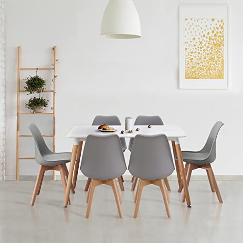 White Dining Table and Chairs Set 6,120cm Rectangular Kitchen Table Modern PU Padded Seat Dining Chairs with Wood Legs, Contemporary Compact Dining Room Set (Grey)