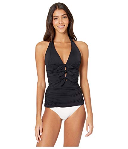 Carmen Marc Valvo Women's Halter Tankini Top Swimsuit with Front Tie Detail, Black, X-Small/2-4