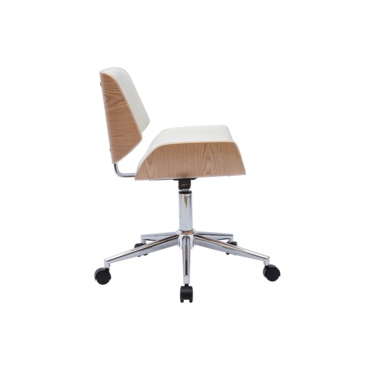 Miliboo - Silla de oficina con ruedas, diseño blanco, madera clara y acero cromado RUBBENS