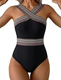 Hilor Women's Sexy One Piece Swimsuit Modest Swimwear Twist Front Bathing Suits Swimwear Black Stripes XXL/US16
