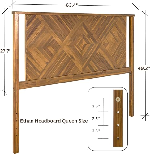 Image of Bme Ethan Diamond Queen Headboard ONLY, Rustic and Scandinavian Style, Solid Acacia Wood, Easy Assembly, Queen Size Headboard Option Available, Classic Design for Bedrooms, Rustic Brown
