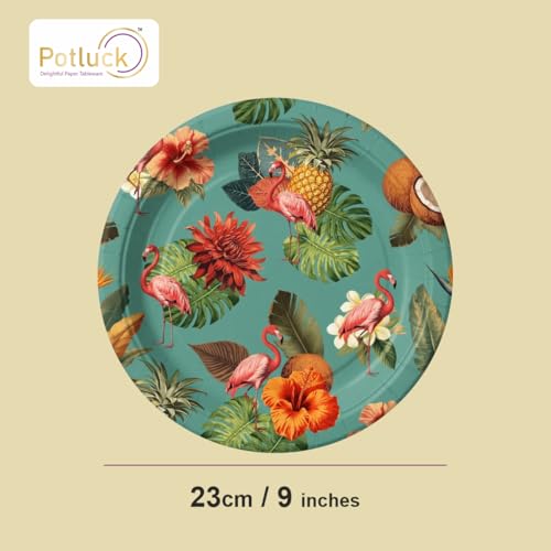 Image of Potluck Flamingo Grove Disposable Paper Plates | Pack of 10 | 9 Inch Strong Leakproof Food Grade Plate for Parties, Events, Snacks, Kids Animal Theme Party & Meal Serving Pack