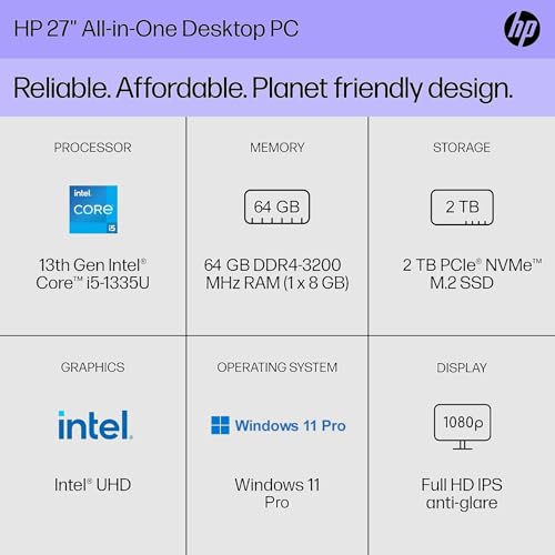 Image of HP All-in-One Desktop Conputer, Intel i5 1335u(Up to 4.6GHz), 27 inch FHD IPS Anti-Glare Display, Intel UHD Graphics, 64 GB DDR5 RAM, 2 TB SSD, Wired KB & Mouse, Windows 11 Pro, w /RH-Accessories