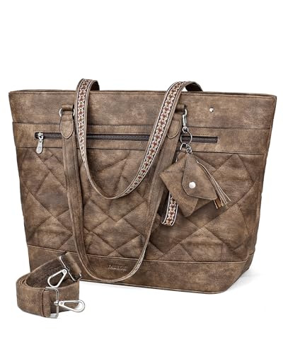 FADEON Quilted Tote Bag for Women Designer Laptop Tote Bag 15.6-Inch Large Laptop Purse Faux Leather Shoulder Handbag