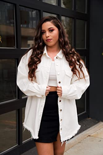 Vetinee Women's Womens Jacket Oversized Boyfriend Brilliant White Front Button Up Frayed Raw Hem Long Sleeve Pockets Denim Jean Jacket Shacket X-Large Size 16 Size 18 #TOP3