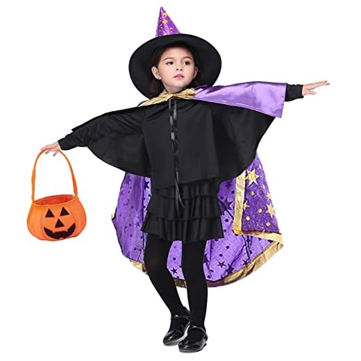 Wizard Cape Witch Cloak with Hat and Pumpkin Candy Bag, Halloween Kids Costume Props for Children Cosplay Party