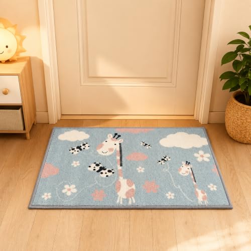 Image of Matz&More Animals Giraffe Kids Floor Mat | 40x60 CM | Blue Pink | Nylon Tufted Gel Baking Anti-Slip | Home School Doormat | Children Play Room Entrance & Child Bedroom