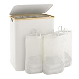 Bathola Extra Large 3 Section Dirty Clothes Laundry Basket with Lid, Dirty Clothes Hampers with Removable Bags for bedroom and Laundry Room, Beige