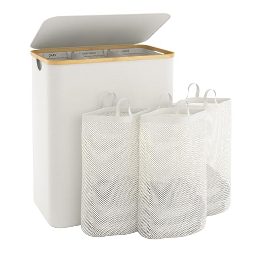 Extra Large 3 Section Dirty Clothes Laundry Basket with Lid, Dirty Clothes Hampers with Removable Bags for bedroom and Laundry Room, Beige
