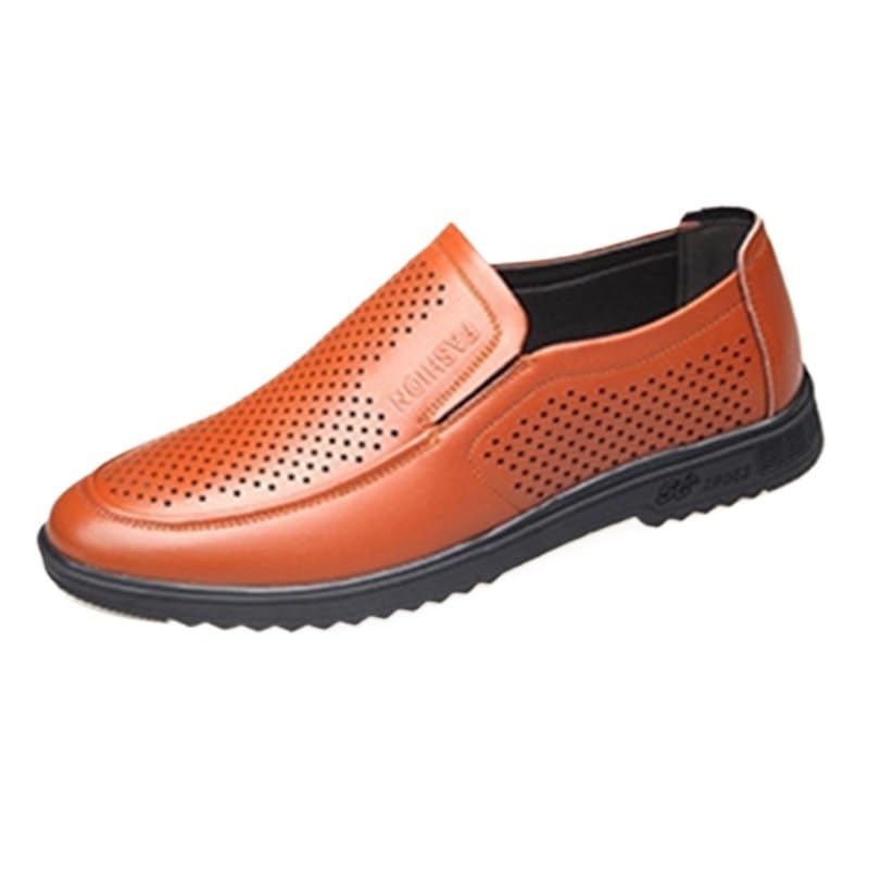 Men's Hollow Breathable Casual Leather Shoes Comfortable Soft Sole Slip-on Business Formal Leather Shoes for Men