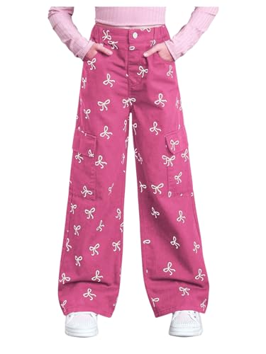 SHENHE Girl's Cargo Jeans Wide Leg Elastic Waist Butterfly Print Cute Baggy Jeans Pants