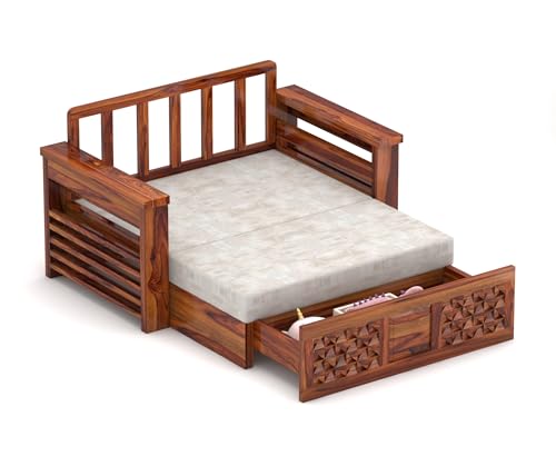 Image of Solid Wood Sofa Cum Bed for Living Room | Modern Wooden Pull-Out Diwan Bed with Cushioned Seating | Convertible 2 Seater Sofa Bed for Home & Guest Room (Honey Finish)