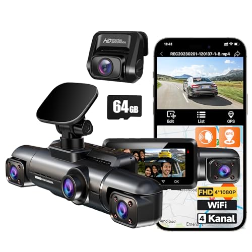 360° Dashcam Auto Vorne Hinten 4 Kanal Dash Cam Auto Kamera FHD 1080Px4,4×150° Weitwinkel,WDR-Nachtsicht (8 IR-LEDs), 3,18" IPS Display, G-Sensor,WiFi GPS,24/7 Parkmodus, 64GB SD-Karte