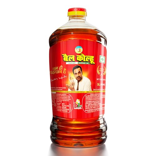 Image of Bail Kolhu Kachi Ghani Mustard Oil | Cold Pressed Sarso Tel (500ml, 1L, 2L, 5L) (5L Jar)