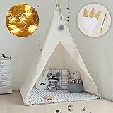 little dove Kids Foldable Teepee Play Tent with Carry Case, Banner, Fairy Lights, Feathers, Floor Mat , Four Ploes Style Raw White Color - New Version