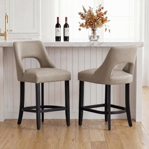 Image of UVV Bar Stools Set of 2, Upholstered Counter Height Bar Stools, Modern Counter Stools with Wood Legs for Kitchen Island Dining Room Bar, Khaki-Black Legs