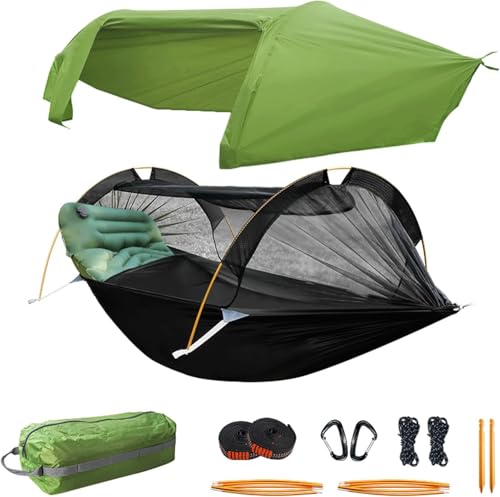 OZMSHF Hammock with Mosquito Net and RainFly Cover Camping Hammock Tent 440lbs Load,3 in 1 Waterproof Lightweight Portable Sleeping Hammock Bug Backpacker Travel Outdoor Gear with Tree Strap Swing