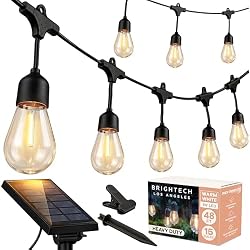 Brightech Ambience Pro Solar Powered Outdoor String Lights, 48 ft Commercial Grade Waterproof Patio Lights, Shatterproof LED String Lights for Outside, Porch - 15 Edison Bulbs, 1W Warm White