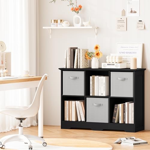Image of 6 Cube Storage Organizer Shelf, Wood Cubby Storage with 3 Fabric Drawers, 2 Tier Wooden Bookshelf with 2 Adjustable Shelves & Fluted Side Panels for Bedroom, Living Room, Home Office, Black