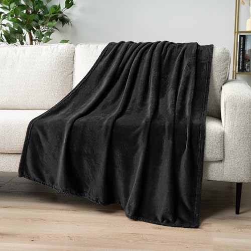 PAVILIA Black Fleece Throw Blanket for Couch, Super Soft Fuzzy Flannel Throw for Sofa, Luxury Plush Microfiber Blanket for Bed, Plush Home Decorative Velvet Gift Blanket, 50x60