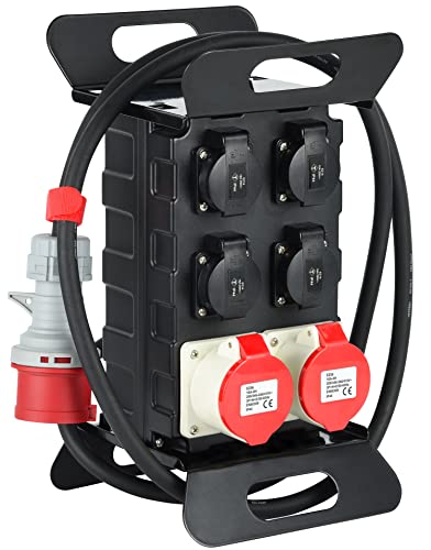 Electraline 60428 Cuadro Eléctrico de Obra con Interruptor de Seguridad RCD 30mA, 4 enchufes Schuko + 2 enchufes industriales CEE. Cable 2 M H07RN-F 5G2.5 mm² IP44