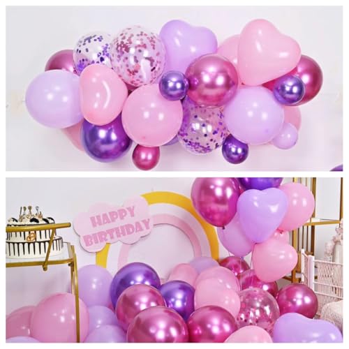 Image of Metallic Hot Pink Magenta Purple Bonfetti Balloons - 12 Inch Pink Heart Balloons for Girls Princess Happy Birthday Party Decorations Baby Shower