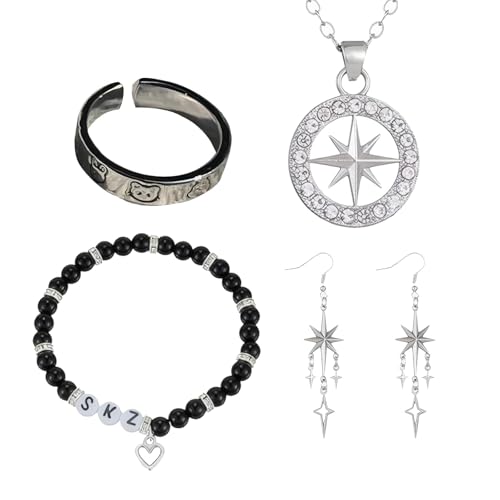 4Pcs Merch for Stray Kids Set, Trendy Hexagram Jewelry for Kpop Fans, Stylish Accessories for Concerts and Gifts, Everyday Wear for Teens and Young
