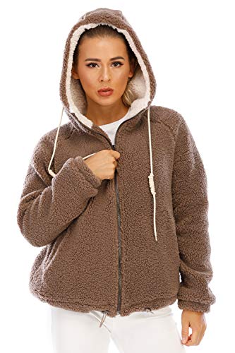 Women's Casual Winter Warm Sherpa Soft Teddy Coat Zip Up Hooded Sweatshirt Jacket Coat (Light Coffee, M)