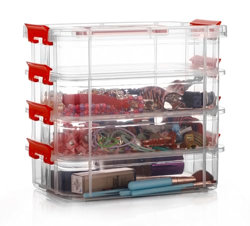 Image of plastic boxes for Storage transparent boxes for storage, Portable & Stackable Space Saving Organiser with Lid for Medicine, Jewelry, Arts & Crafts, Buttons, Beads (Red, 4 TIER)