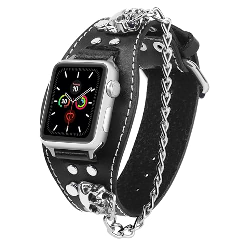 Vikoros Genuine Leather Band Compatible with Apple Watch Ultra 2/Ultra SE Series 9 8 7 5 Bands 40mm 41mm 38mm Men Women Wrist, Skull Sport Leather Strap Bracelet Replacement Bands for iWatch Ultra Series SE 9 8 7 6 5 4 3 2 Black