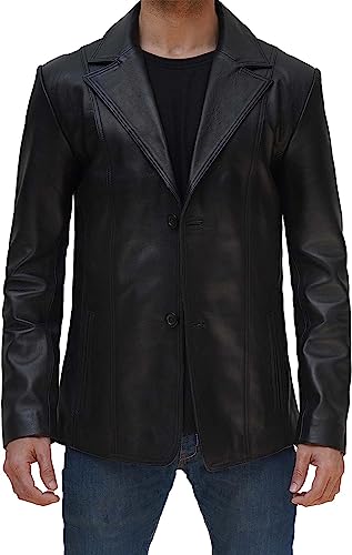 Image of fjackets Mens Leather Blazer Jacket - Real Lambskin Leather Sport Coat, 2-Button Blazer