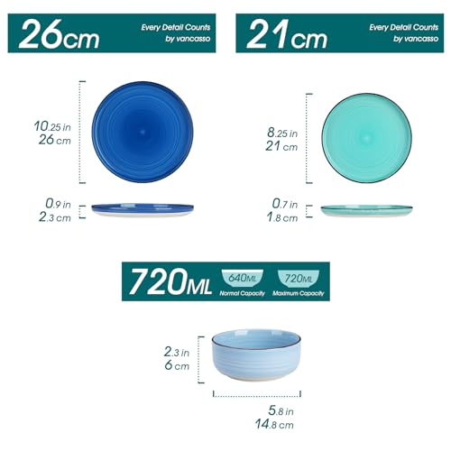 Image of vancasso Bonita Dinnerware Sets 18 Pieces, Blue Stoneware Dishes Set for 6, Plates Set and Bowls Sets, Dishwasher and Microwave Safe