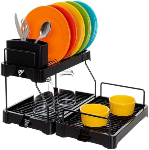 Escorredor De Louça Grande Preto 2 Andares Com Porta Talheres E B...