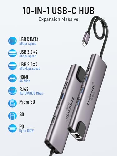 Image of Lemorele USB C Hub Multiport Adapter 10 in 1, USB C Docking Station for MacBook with HDMI 4K@60Hz, Ethernet, 4*USB-A and USB-C Data Port, 100W PD, SD /TF Port, Suitable for Surface /Dell /HP