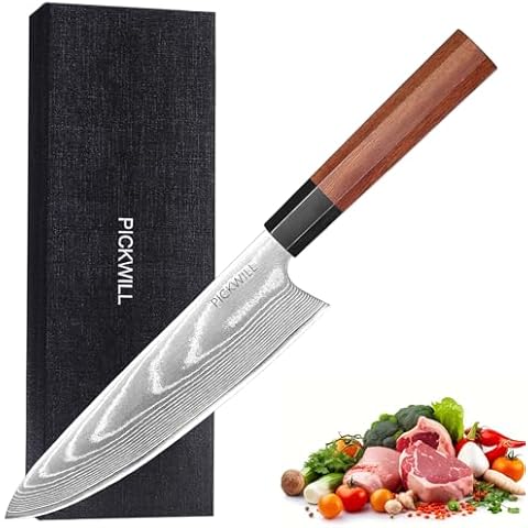 PICKWILL Damascus Chef Knife 8 Inch,Professional Japanese Chef Knife,67 Layers Damascus Steel Kitchen Knife,Ultra Sharp Japanese Knife with Ergonomic Ruby Ebony Handle Cover
