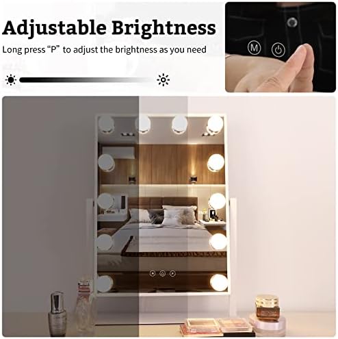 Meidom Hollywood Vanity Mirror with Lights, Lighted Dressing Table Makeup Mirror with 12 LED Bulbs, 3 Color Modes, 360° Rotating Light Up Mirrors for Bedroom Tabletop - White