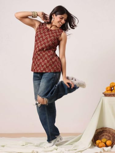 Image of Rimeline Women Printed Cotton Sleeveless Top | Stylish Casual Ethnic Top for Women | Soft Breathable Fabric Summer Top
