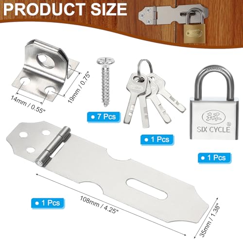 Image of PATIKIL Door Lock Hasp Latch 4.3 Inch, Stainless Steel Safety Hasp Lock Clasp Hinge Packlock(40mm) with Screws /Key for Door Gate Cabinet Closet, Silver
